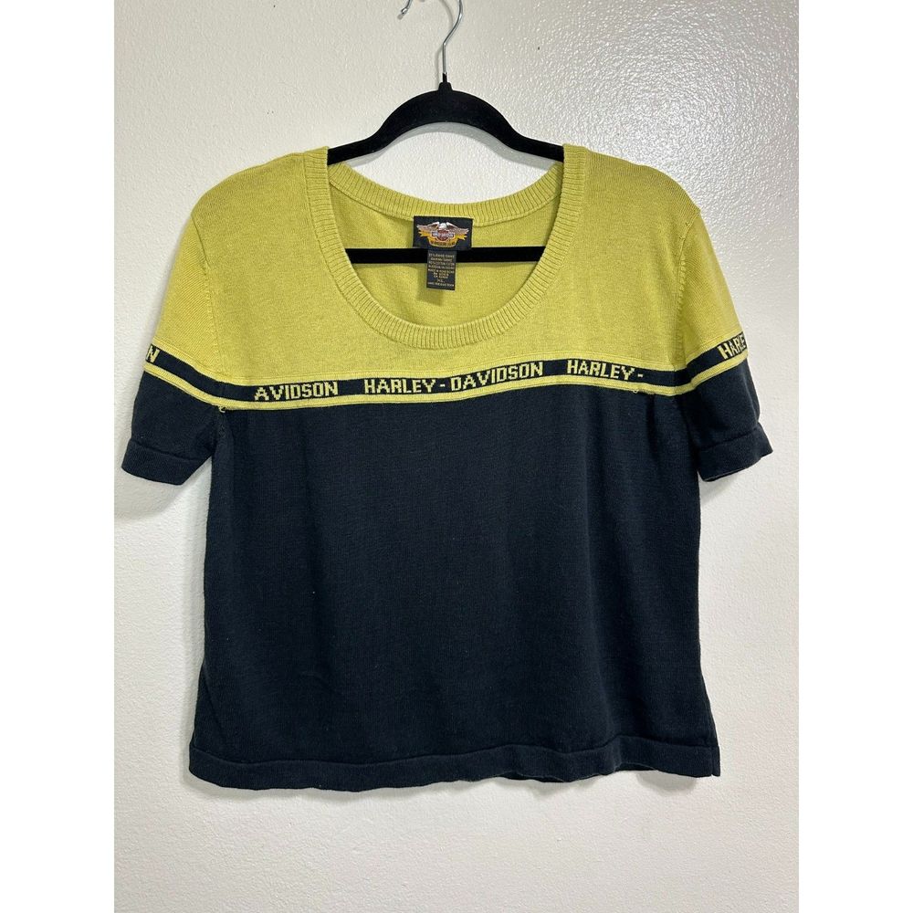 Harley-Davidson Vintage Women's Black/Yellow Cropped Knit Sweater, Size XL